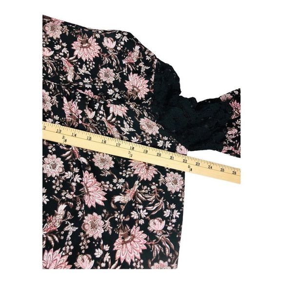 2167 Knox Rose Black Floral Lace Trim Tie Button Front Blouse Top Sz Large - Picture 9 of 10
